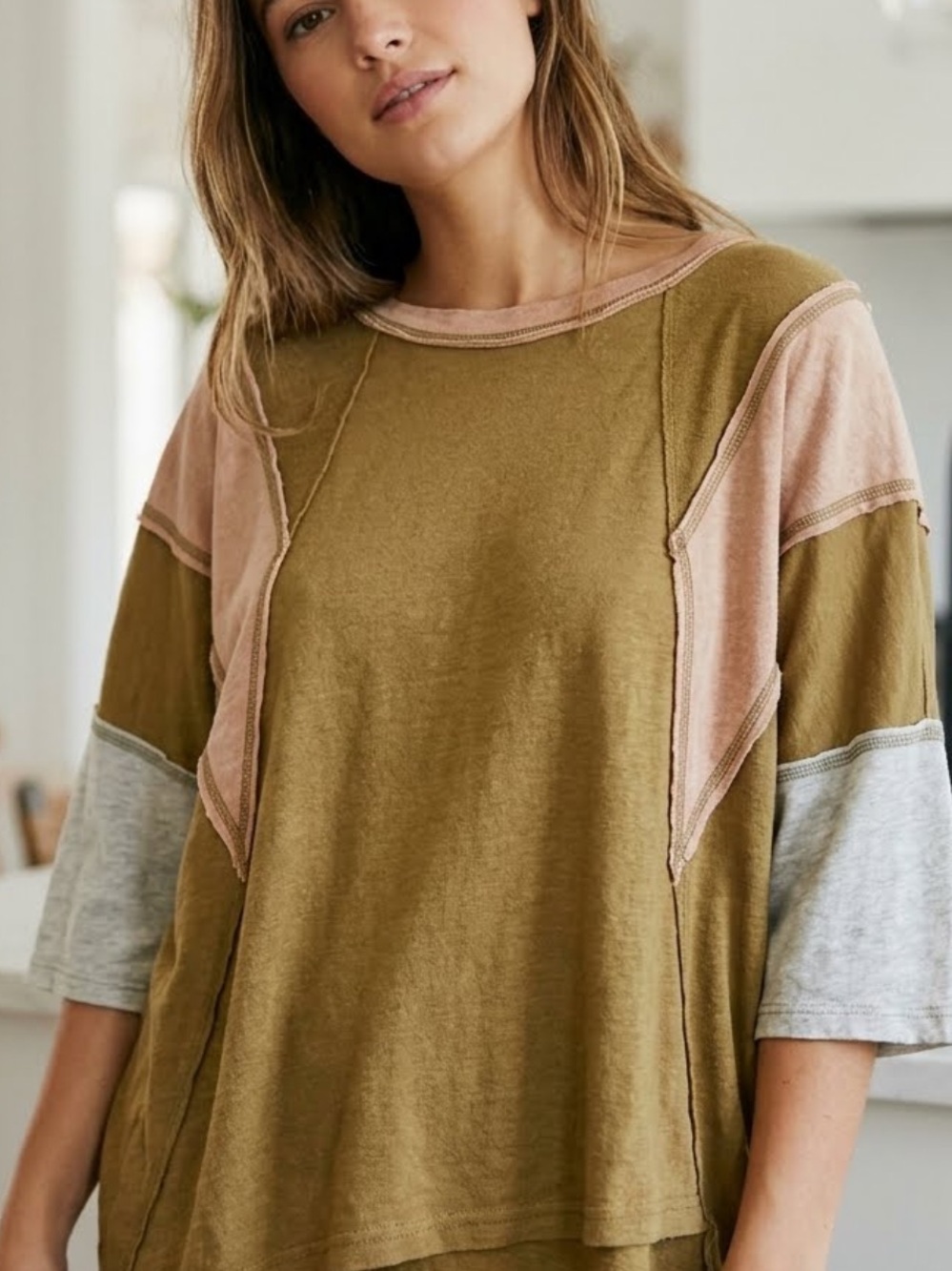 EASEL!!Washed Olive Colorblock Women's Top - Unbranded!! M